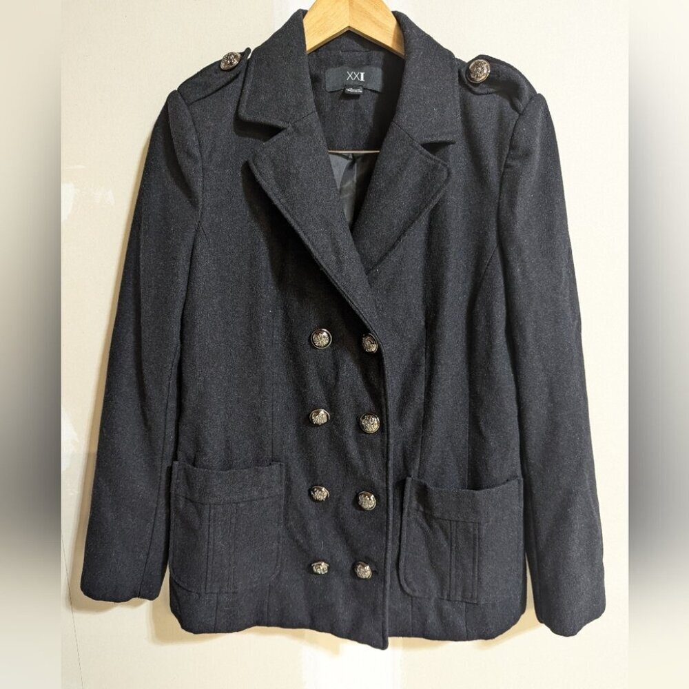 XXI Black Wool Blend Pea Coat Blazer Jacket Womens Sz L Office Career Minimalist